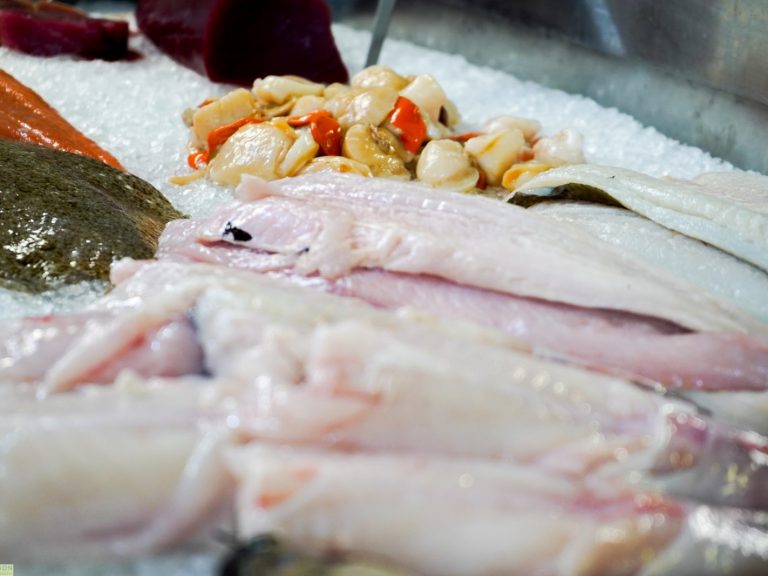 raw fish on ice in a fish mongers , cod, hake, scallops, salmon